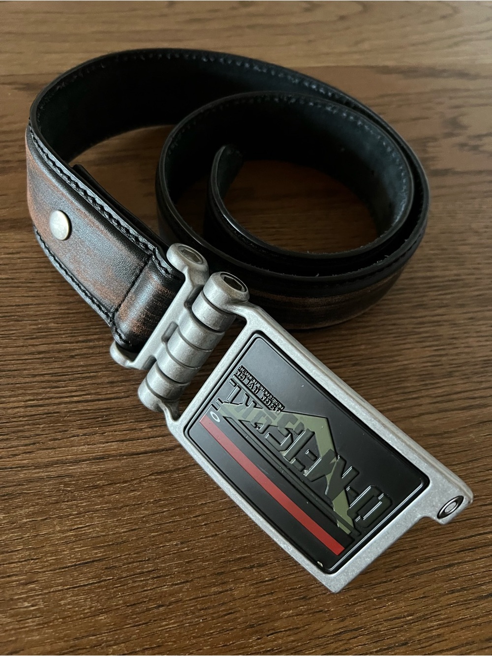 Vintage Oakley Y2K Distressed Leather Belt Silver Industrial Plate Buckle